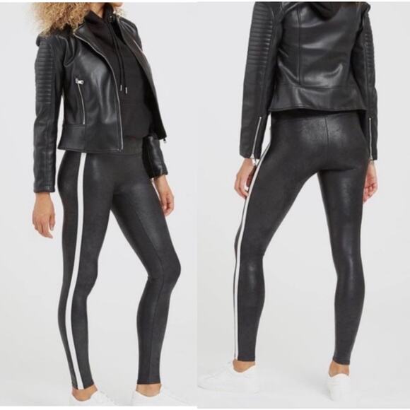 SPANX Women's Black Faux Leather Side Stripe Pull On Leggings‎ Size Large - Picture 2 of 12